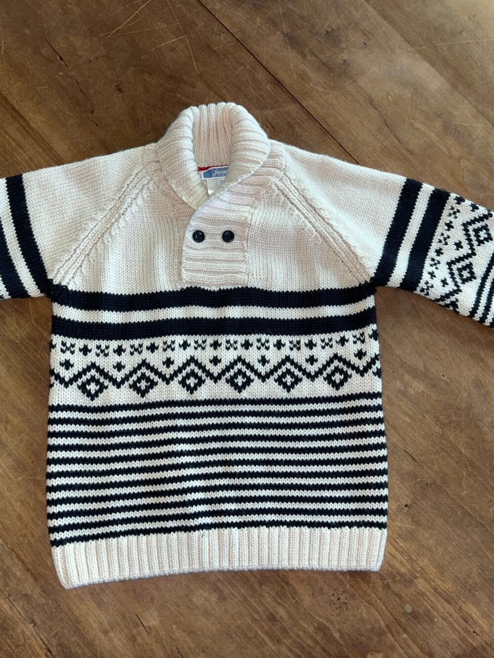 Jacadi Paris Boys Shawl Collar Sweater, 36M Cream Fair Isle Knit Nordic